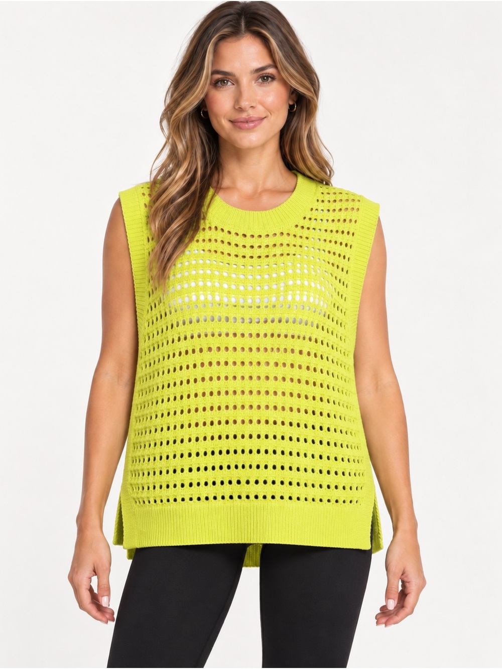 Varley Lime Green Open Knit Cotton Sweater Vest Tank Medium Preppy Coastal
